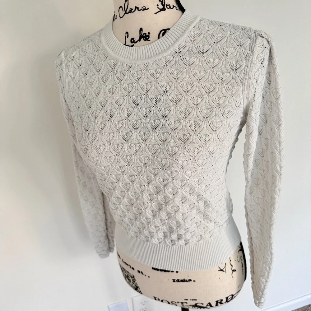 Club Monaco Sweater Pointelle Knit Sz S Ivory Ribbed Collar/Hem Quiet Luxurycore